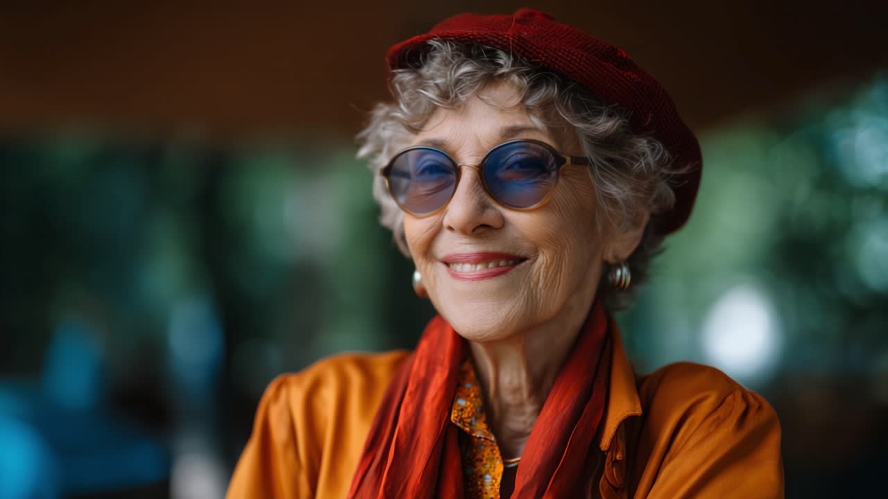 Un'anziana signora affabile, con abiti e accessori vivaci, che irradia gioia e sicurezza, sfoggiando il suo stile unico con un sorriso affascinante e una presenza elegante.