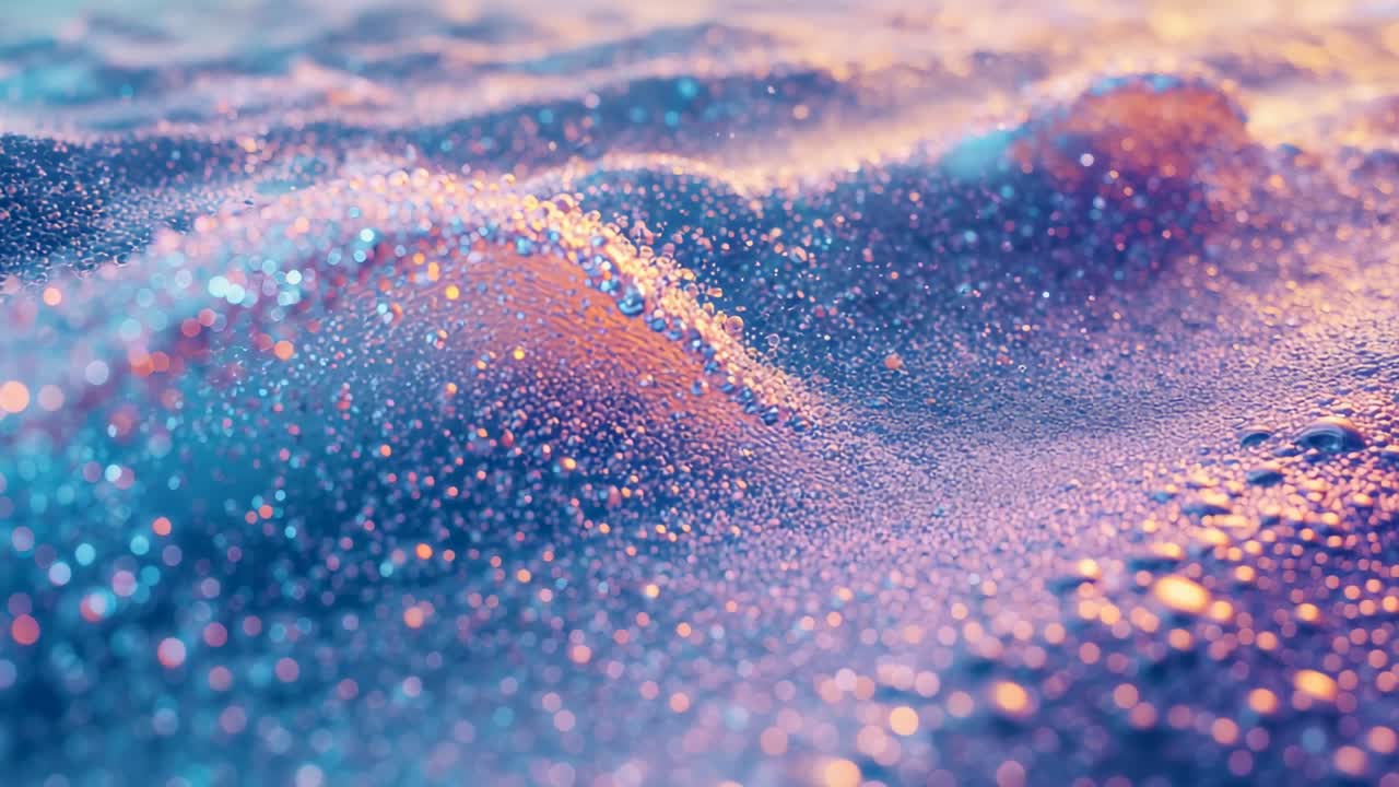 Simulation initiating shimmering granular surface migration, shifting blue and gold highlights