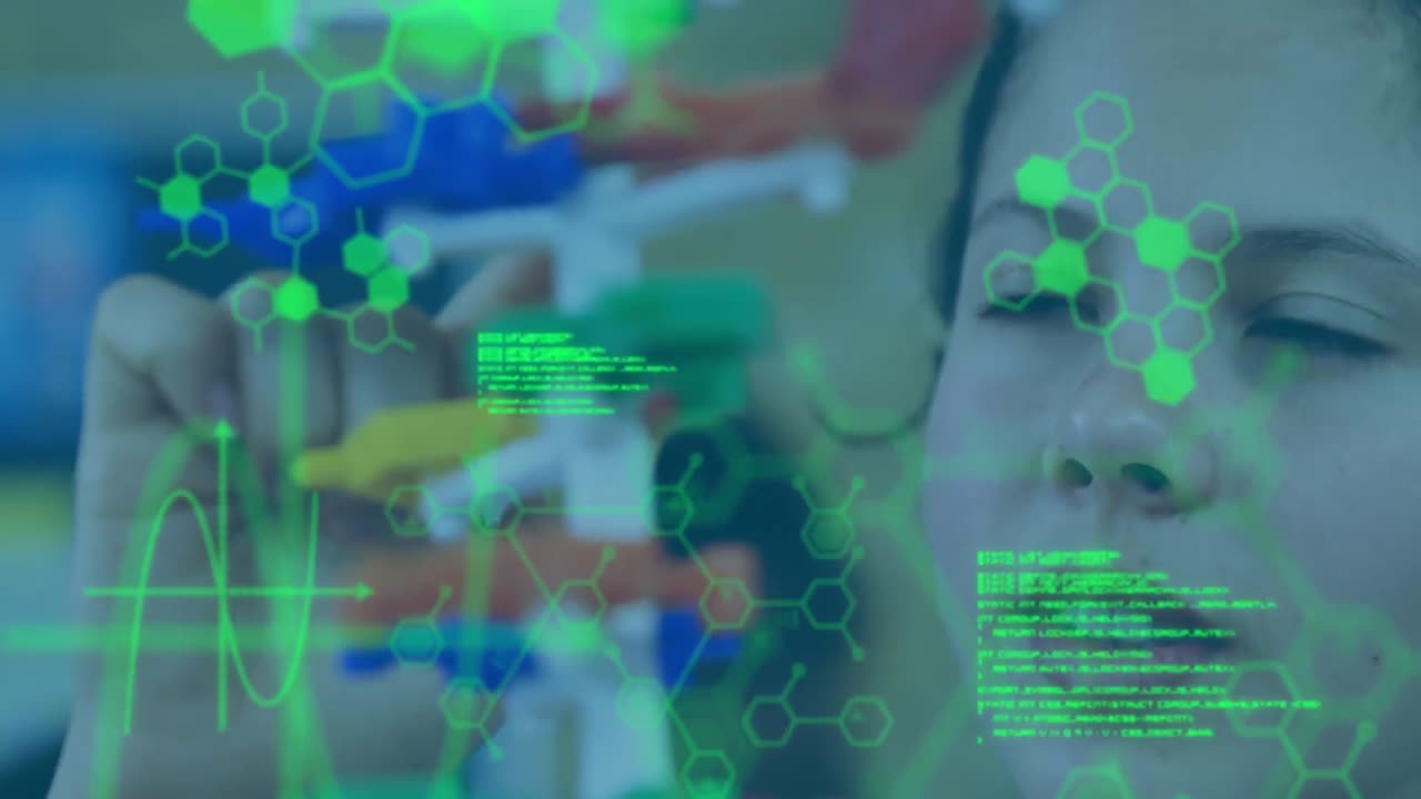 모델과 함께 백인 여학생에 대한 데이터 처리 애니메이션