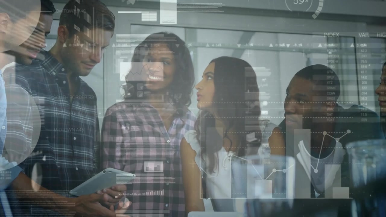 Animation of statistical data processing over diverse colleagues discussing together at office