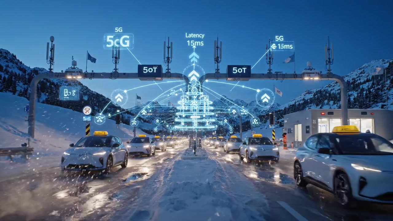 Hub di trasporto high-tech in un paesaggio innevato, con connettività 5G avanzata, taxi e sistemi intelligenti di gestione del traffico sotto un cielo crepuscolare.