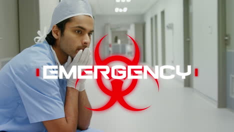 animación de la palabra emergencia con un trabajador de la salud en el fondo durante la pandemia de coronavirus