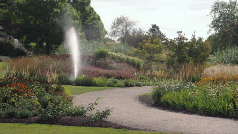 sprinkler system watering flower beds in summer, super slow motion, handheld