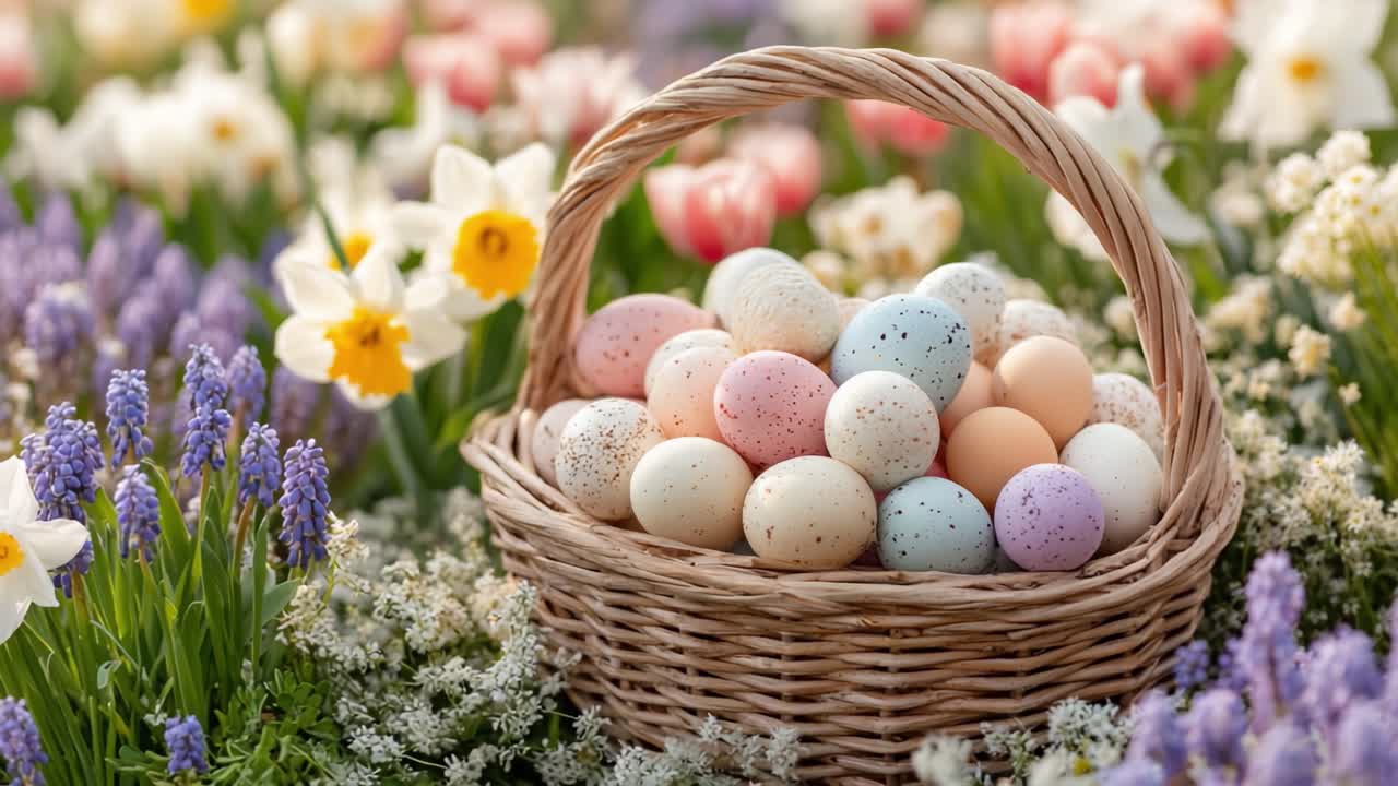A Beautiful Spring Basket Filled with Colorful Easter Eggs Surrounded by Blooming Flowers, Celebrating the Joy and Spirit of the Season