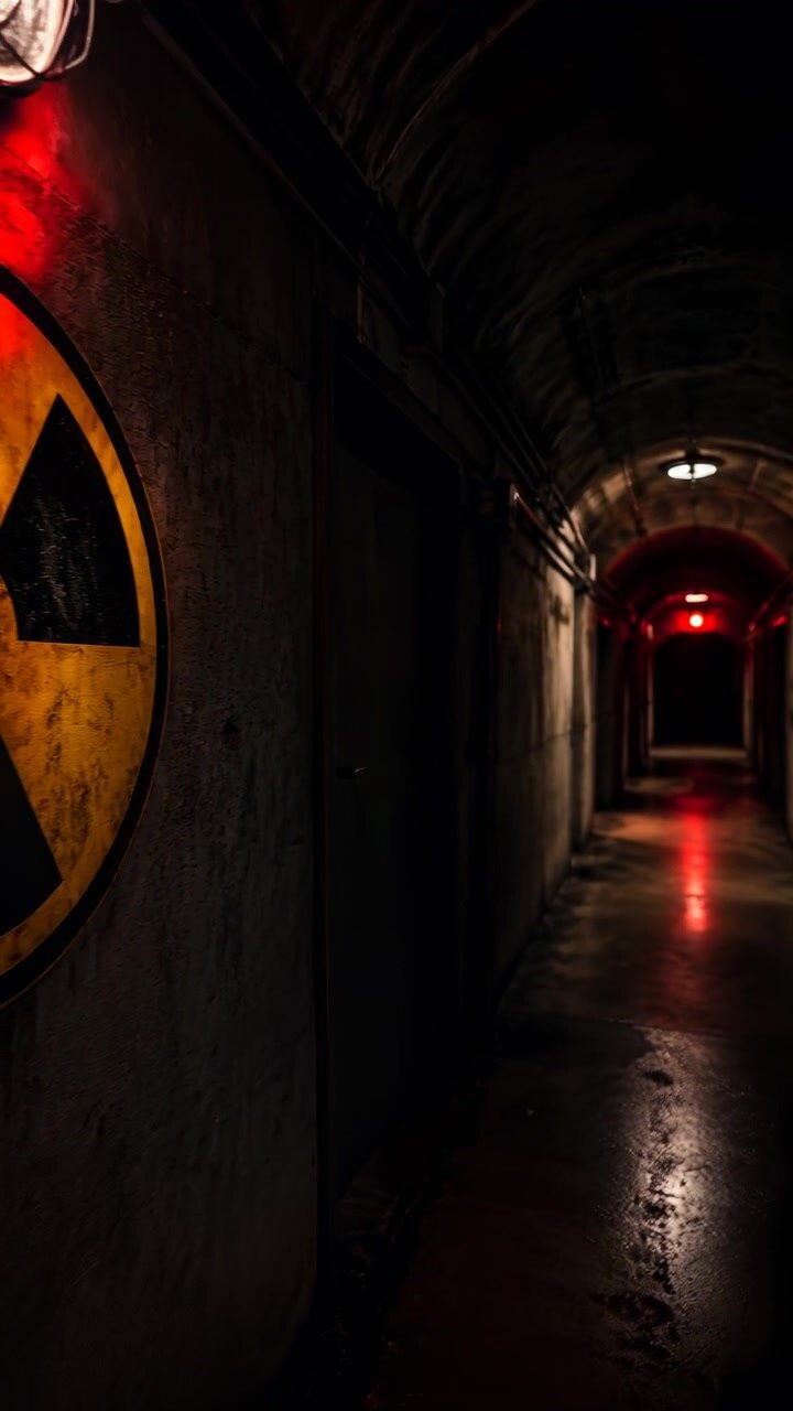 Forward tracking view passes a large radiation warning symbol on rough concrete wall while red lights glow down an empty arched passage and reflect across the dark floor.