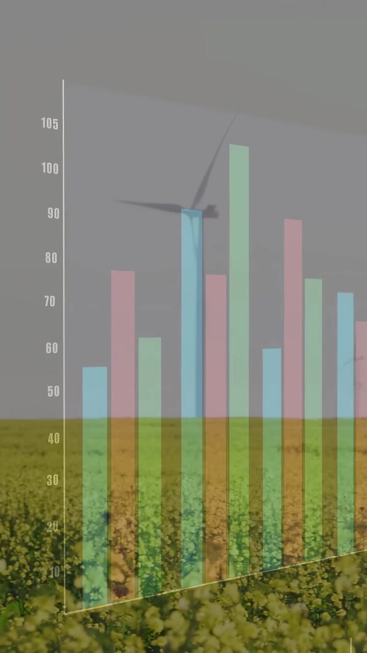 Vídeo vertical: Gráfico de barras deslizando e esmaecendo com transição de opacidade, revelando turbinas, mostrando energia.