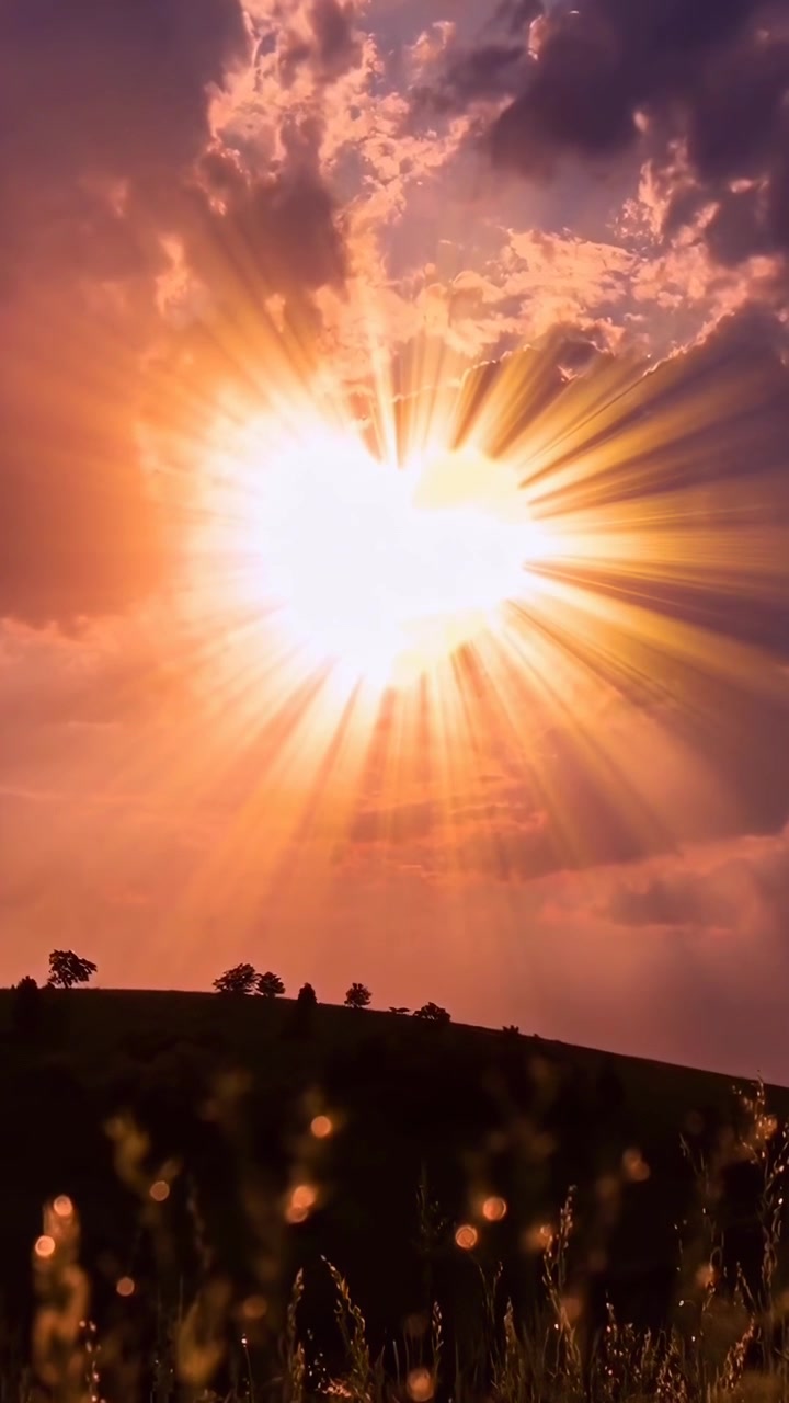 Hjerteformet sol udstråler gyldent lys over en bakke ved solnedgang