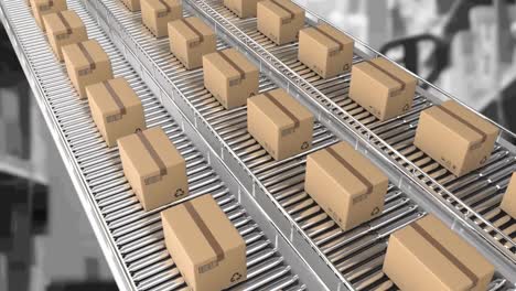 animation of cardboard boxes moving on conveyor belts over warehouse