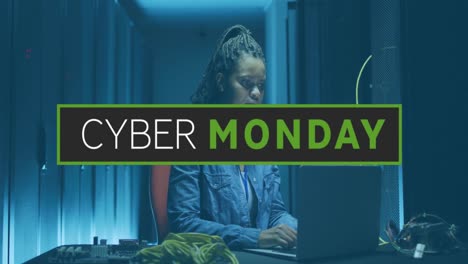 animation of cyber monday text over african american female engineer using laptop at server room