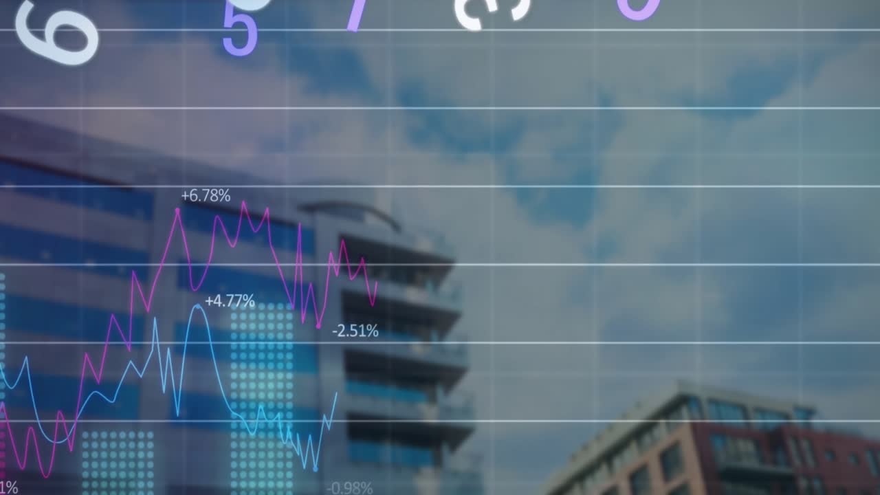 Animação de processamento de dados financeiros sobre a paisagem urbana