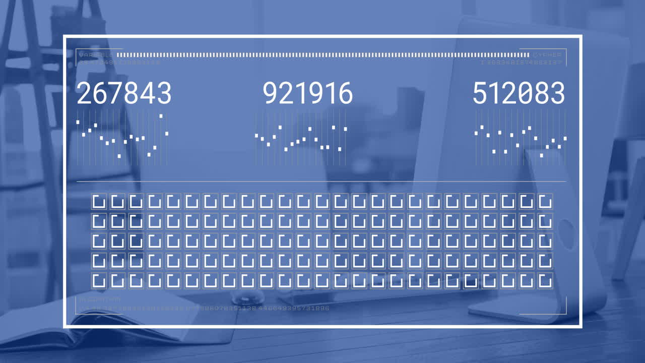 animación de procesamiento de datos y diagramas sobre una oficina vacía