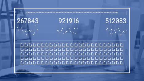 animation of data processing and diagrams over empty office