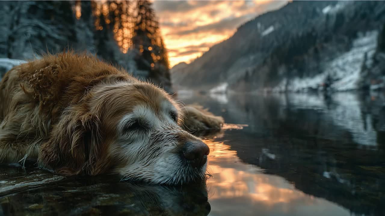 Golden Retriever si rilassa in riva al lago sereno al tramonto, catturando un momento di tranquillità nella natura con splendidi riflessi e un paesaggio pittoresco