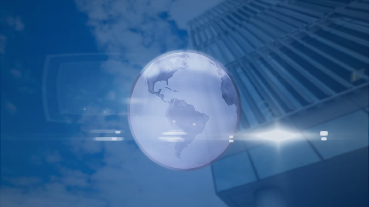 고층 건물의 낮은 각도 시야에 대한 회전하는 지구와 빛의 점의 애니메이션