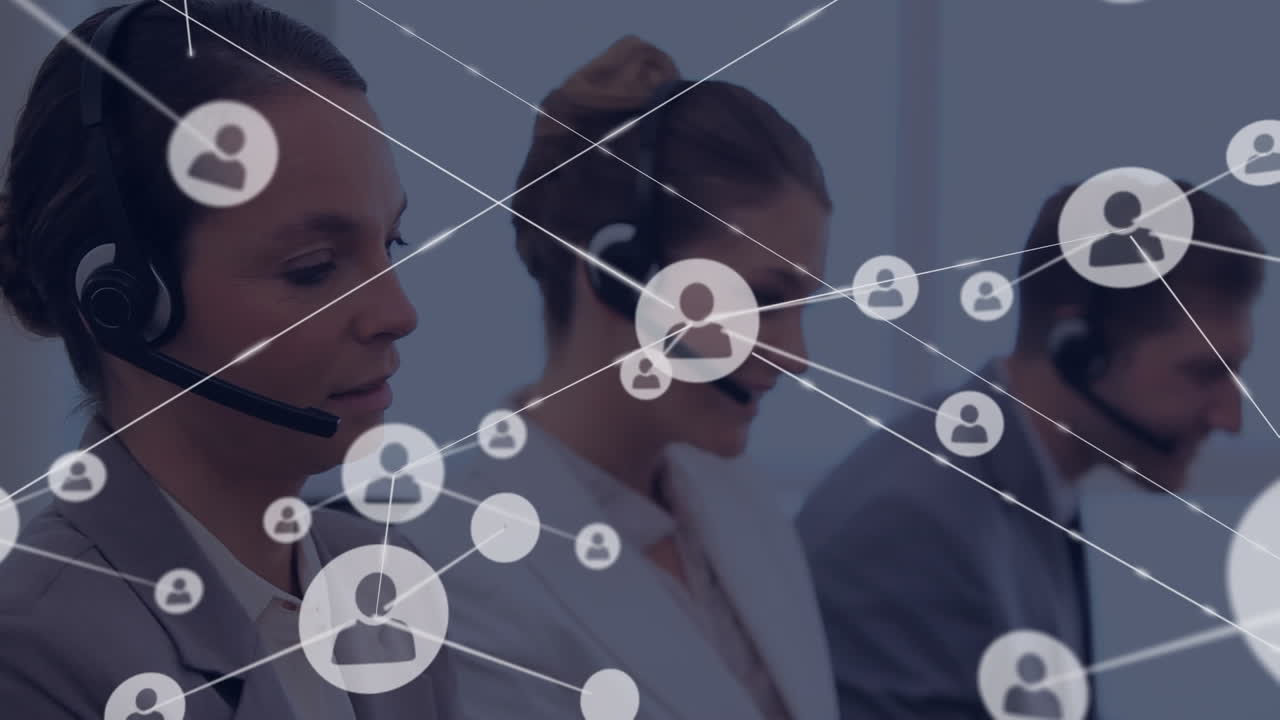 Animation of network of profile icons over caucasian woman wearing phone headset smiling at office