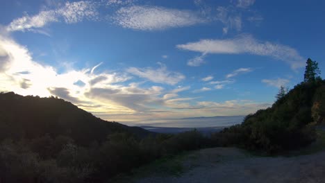 Time-lapse-flying-a-drone-at-sunrise-in-the-hills-above-Santa-Barbara-in-California