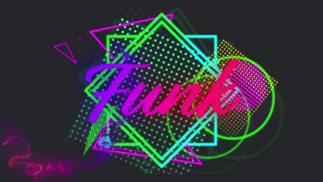 Animation af funk-tekst over farverige geometriske former