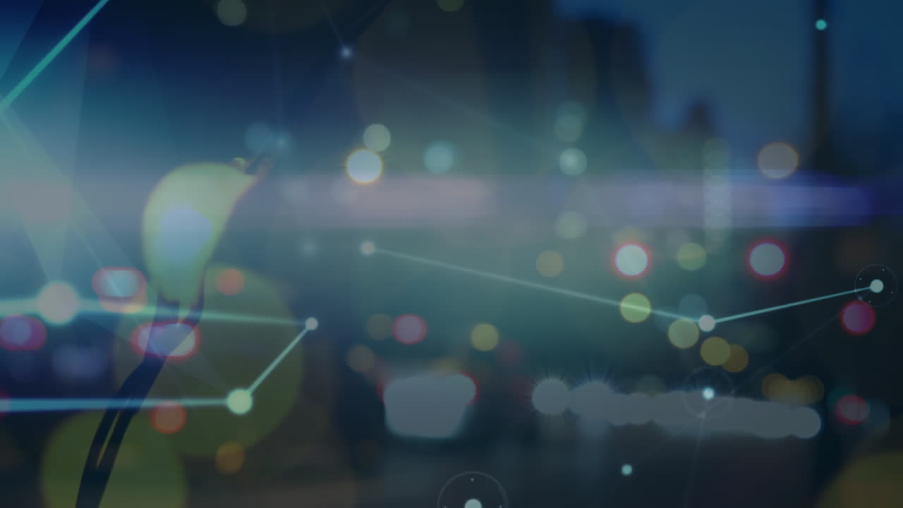 Animation of network of connections over glowing lights on dark background