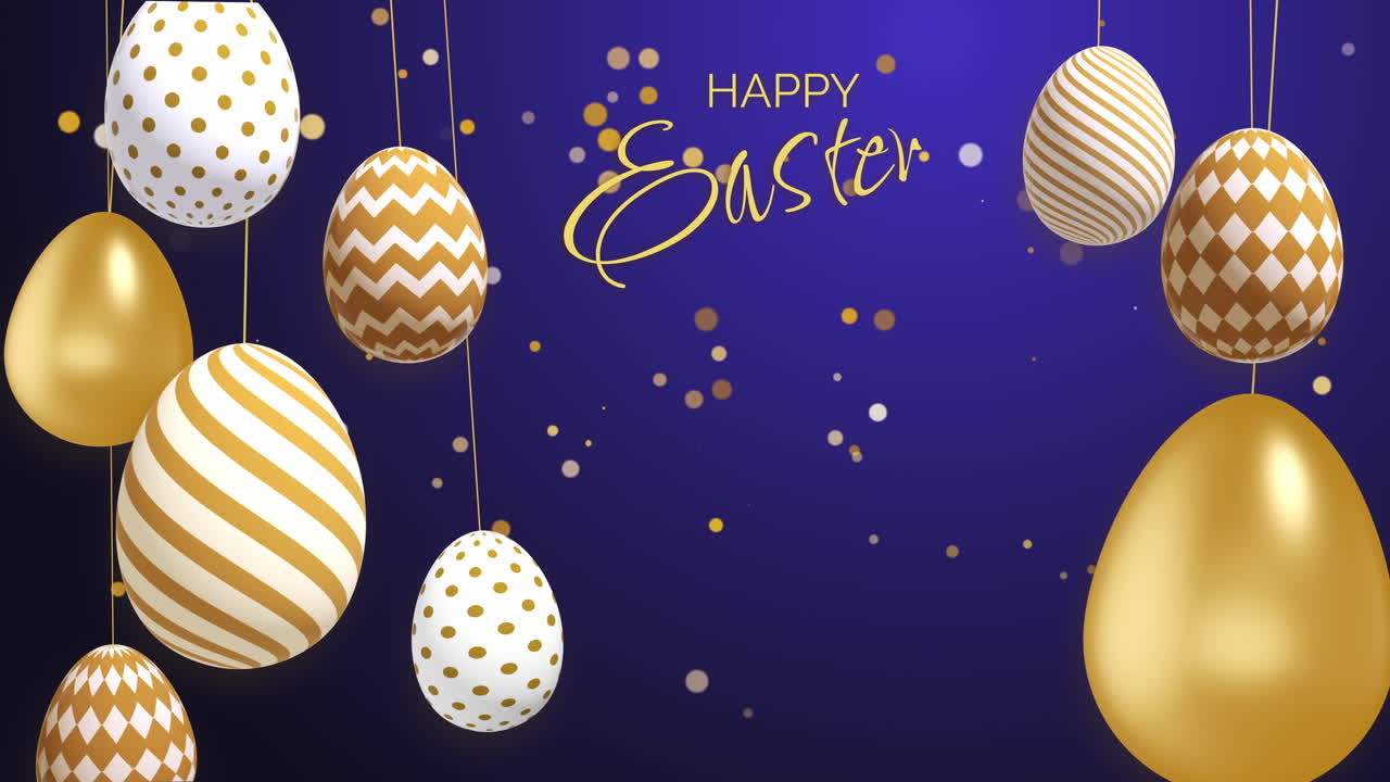 Blue night background with golden Easter eggs on strings swaying in wind. looped spring 3D animation. Empty copy space for text. Happy Easter.