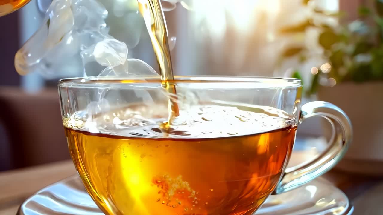 una taza de té que se vierte en una tazón de vidrio en una mesa