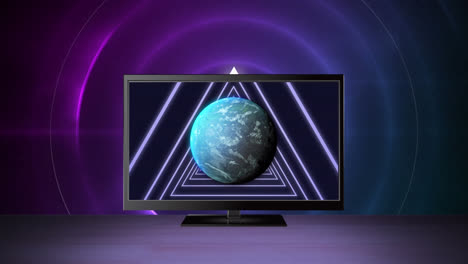 animation of tv with globe on violet background with pulsating circles