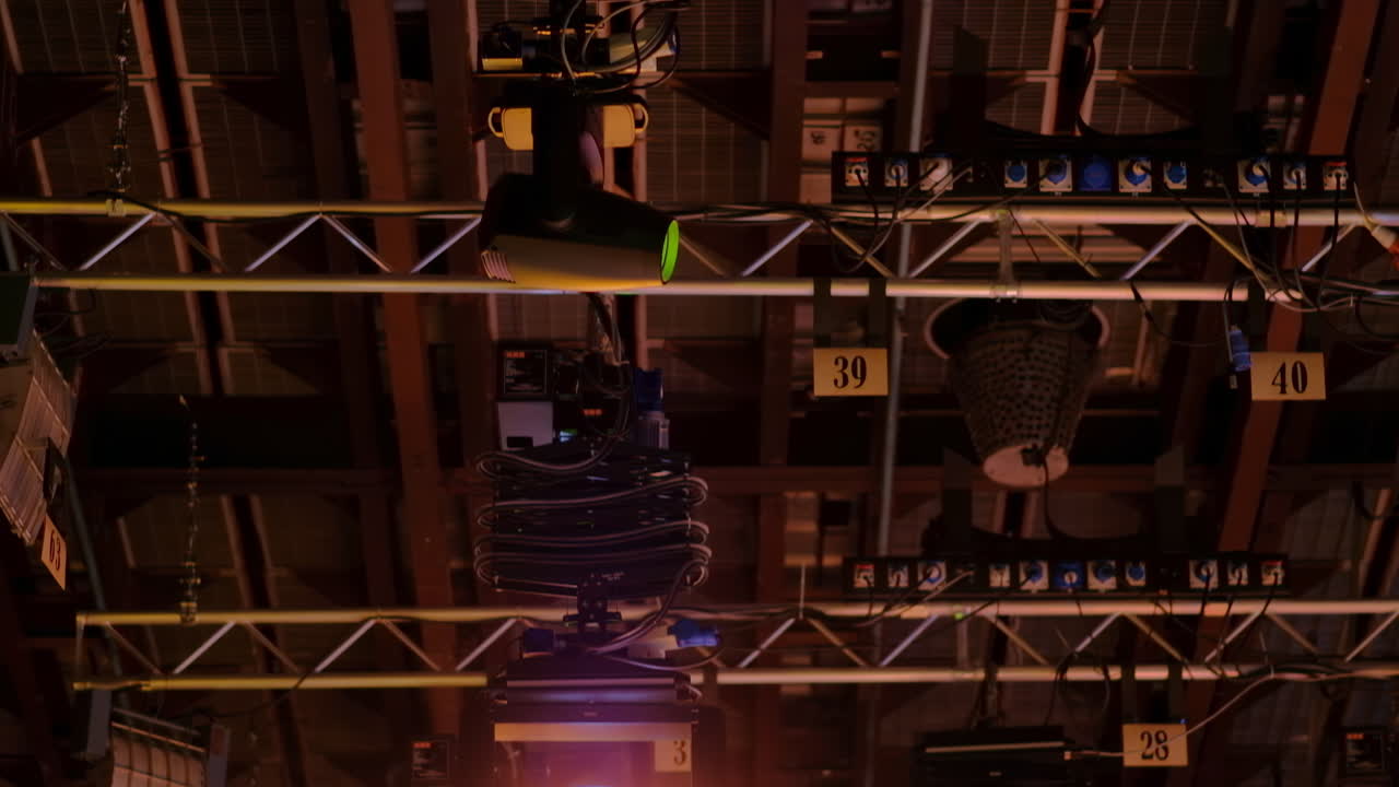 Flashing studio lights equipment on the ceiling of a TV set