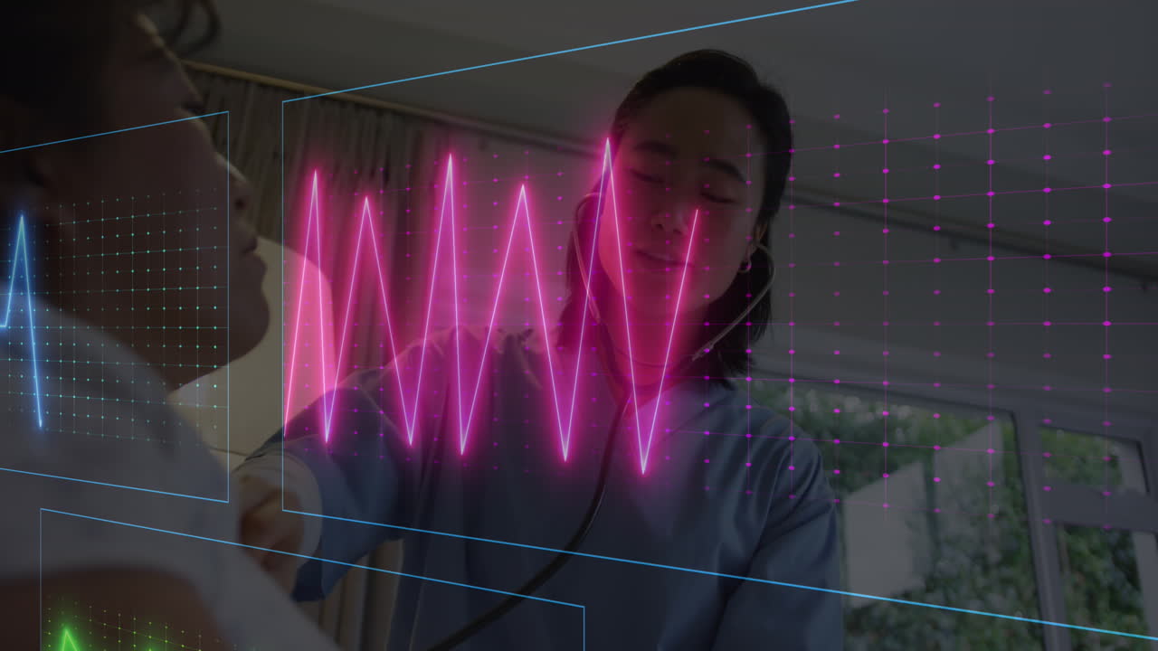 animación de un monitor de ritmo cardíaco sobre diversas trabajadoras de la salud examinando a un paciente masculino en el hogar