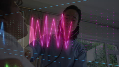 animation of heart rate monitor over diverse female health worker examining male patient at home