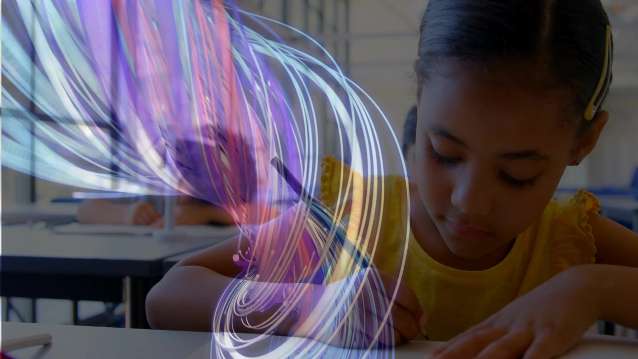 Girl writing at desk, glow appearing near pencil and ribbon expanding, showing creativity
