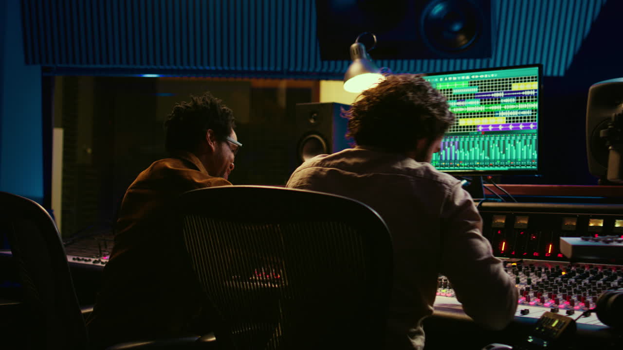 Diverse team of artist and sound designer working on editing tunes for a new hit