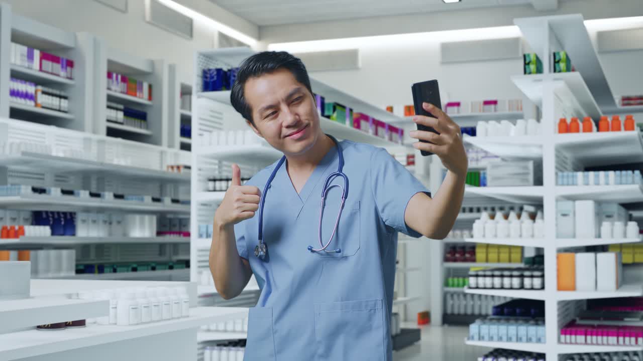 약국에 서 있는 동안 스마트폰에서 스테토스코프 셀피를 찍은 아시아 남성 의사