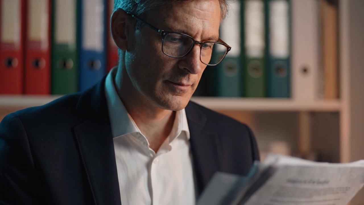 Dokumentanalyse: En engageret professionel i forretningspåklædning fokuserer på at læse papirer i et velorganiseret kontormiljø med farverige mapper i baggrunden