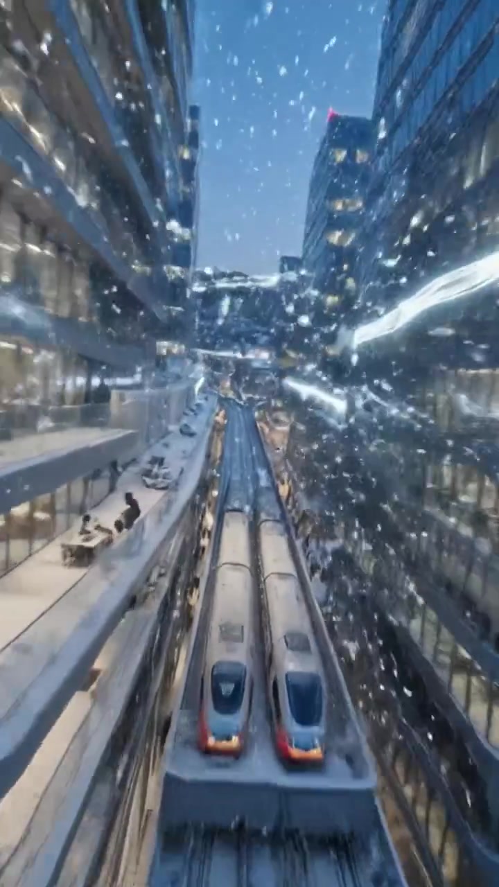 A Stunning Urban Winter Scene Showcasing Snowy Skyscrapers and a Captivating Light Trail in a Bustling Cityscape during Evening Twilight