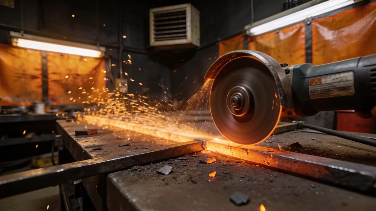 Disco della smerigliatrice a contatto che produce scintille su un giunto a croce in acciaio sul banco da lavoro dell'officina, tagliando il materiale