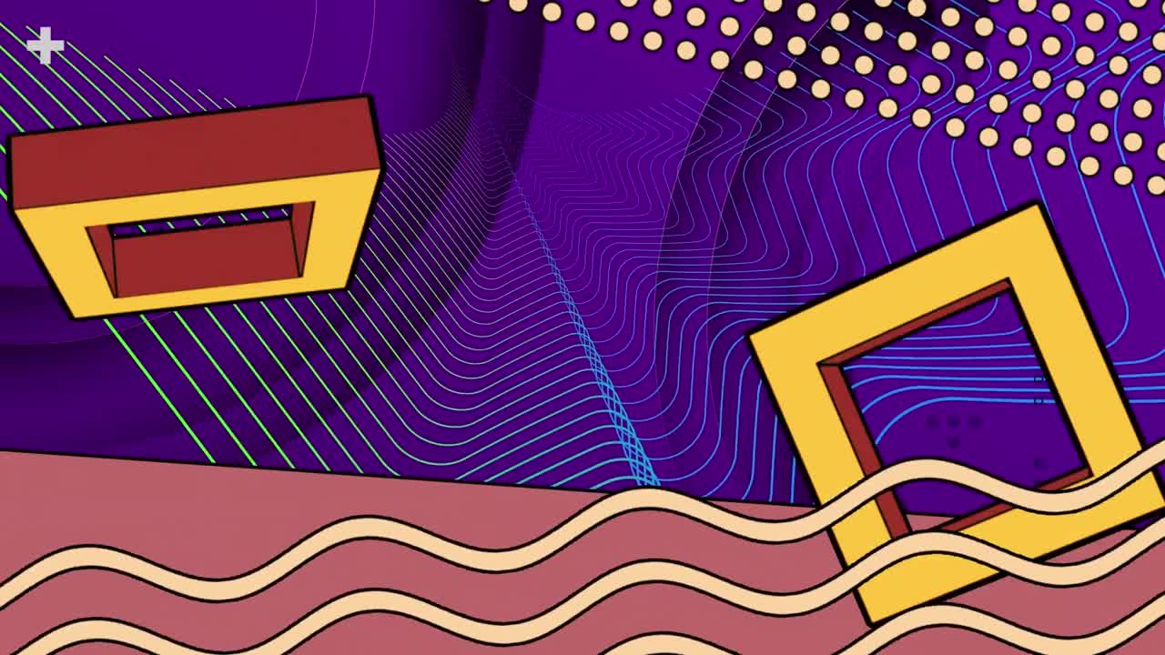 Animation of retro pattern and shapes on multi coloured background