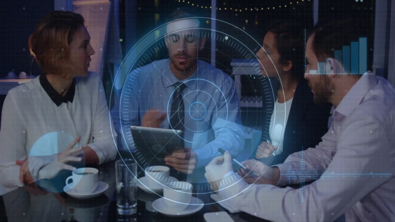 Discussing data with digital animation overlay, business team in evening meeting