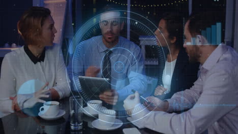discussing data with digital animation overlay, business team in evening meeting