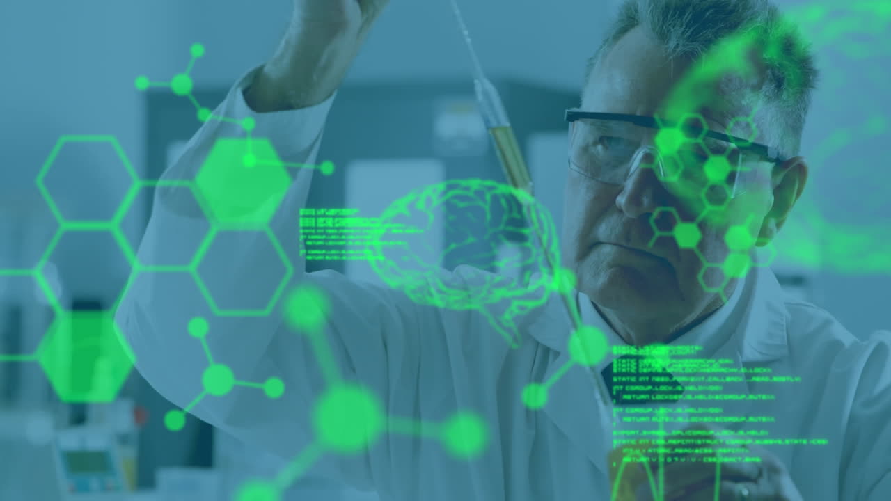 animación del procesamiento de datos sobre un científico caucásico en el laboratorio