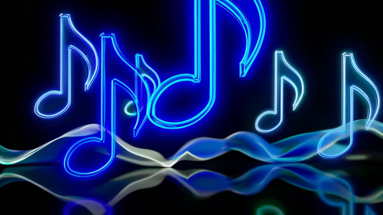 Neon Music Notes on Abstract Waves