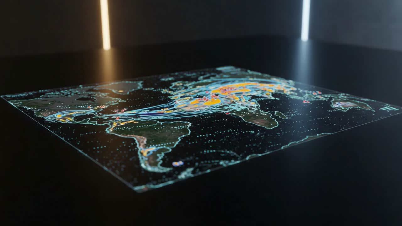 Illuminated Global Map Displaying Dynamic Weather Patterns and Atmospheric Data Over Continents and Oceans in a High-Tech Environment