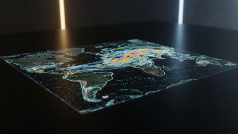 illuminated global map displaying dynamic weather patterns and atmospheric data over continents and oceans in a high-tech environment