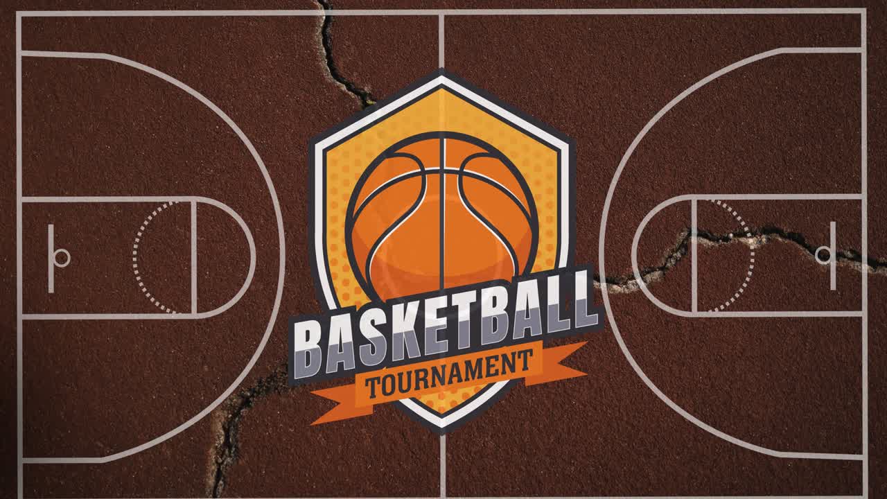 Animation of basketball tournament badge with ball over cracked basketball court