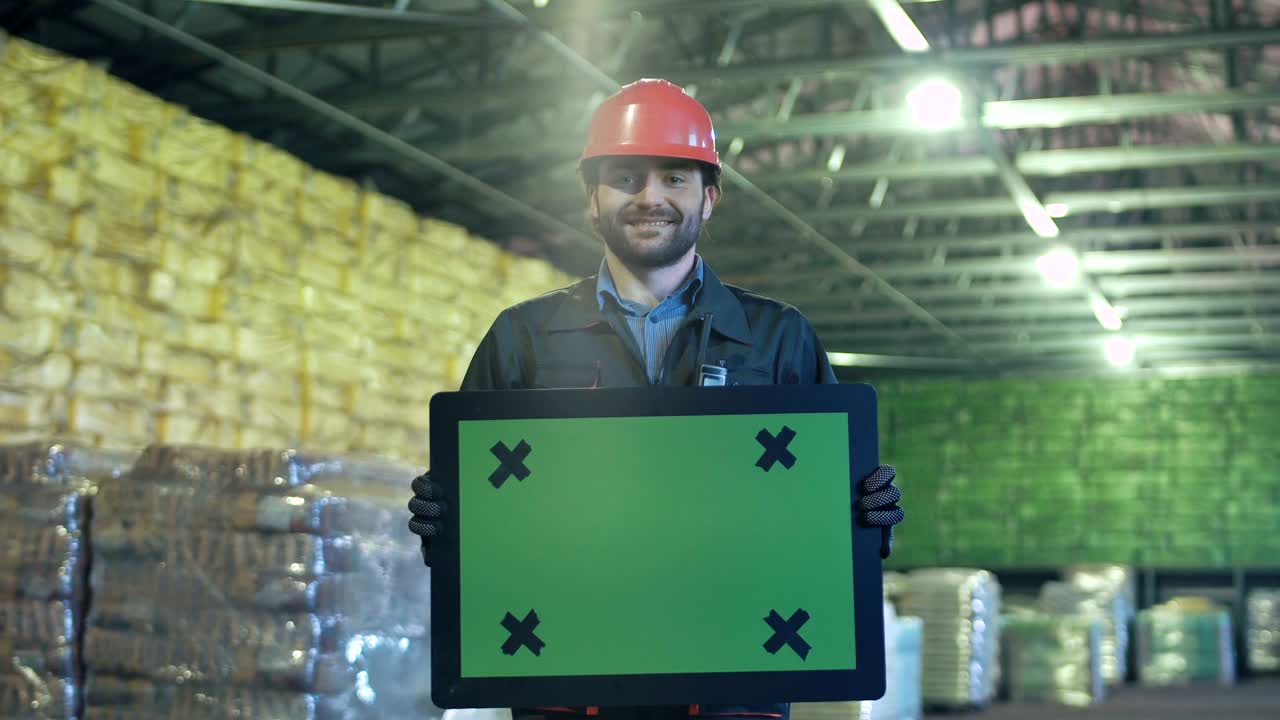 크로마키 표지판 을 가진 미소 짓는 창고 노동자