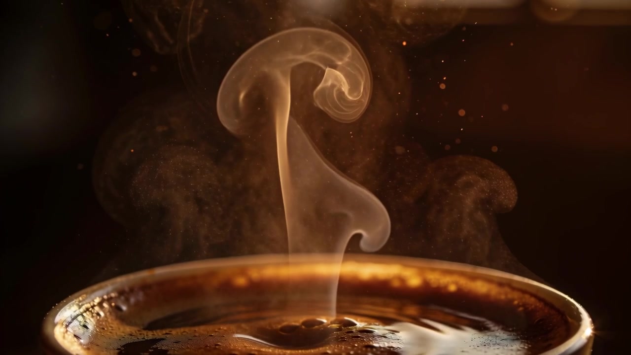 Vapore che sale dal calore di una tazza di caffè in ceramica, rilasciando aroma sul tavolo, mostrando la crema e il manico a destra.
