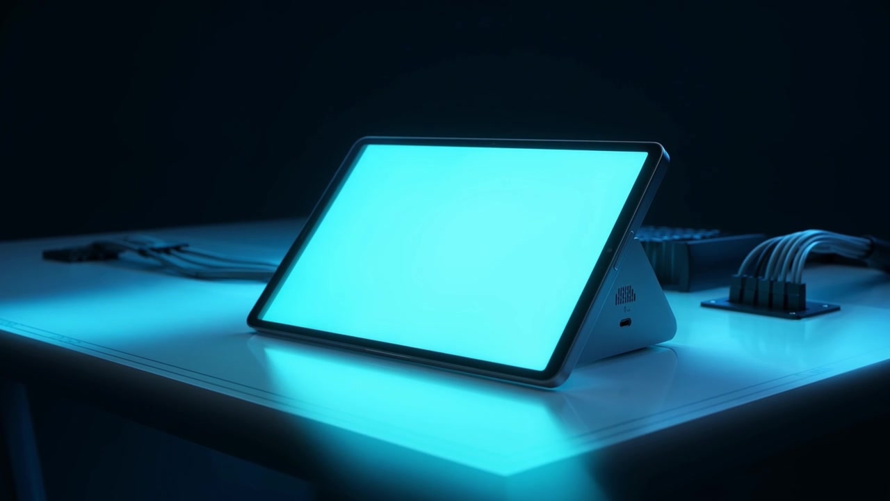 Tablet digitale futuristico con schermo blu luminoso su una scrivania scura