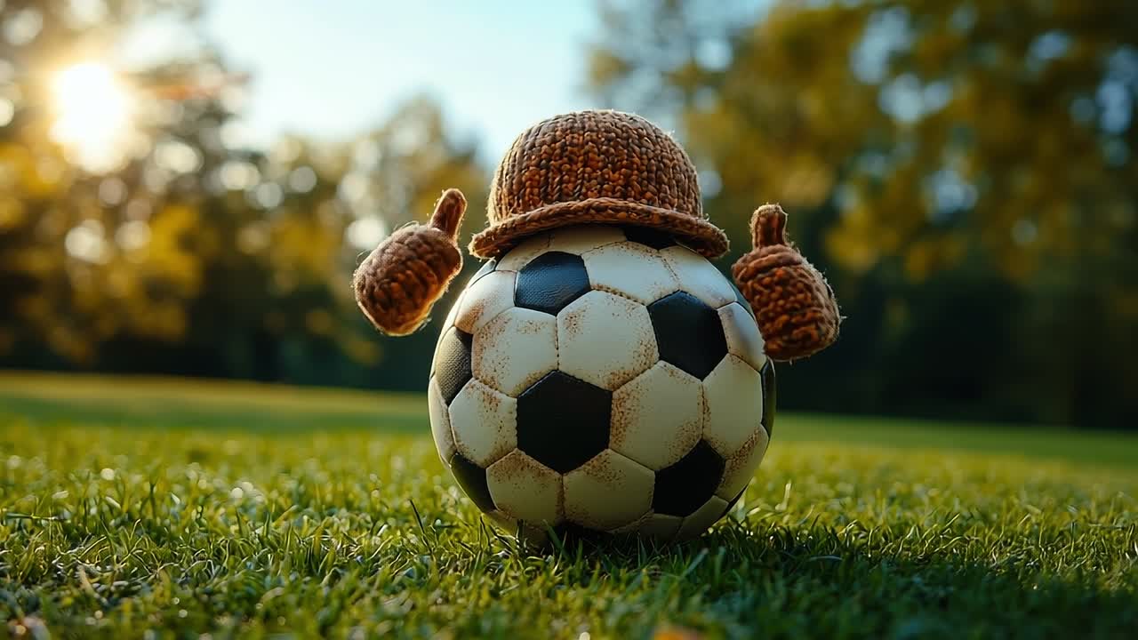 Knit-hatted soccer ball. A decorative soccer ball wears a knitted hat and gloves on a grassy field during sunset, creating a playful atmosphere.