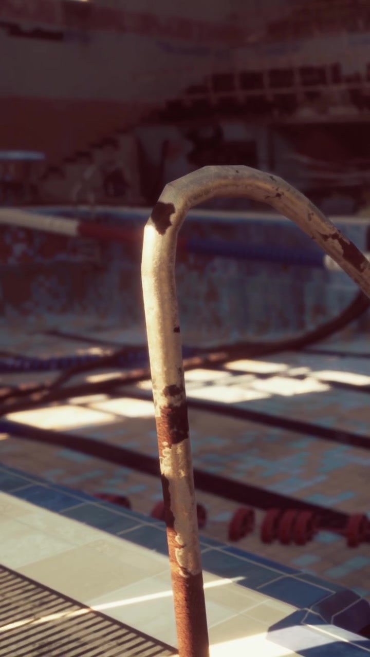 Scaletta arrugginita della piscina vicino a una piscina vuota sotto il sole del pomeriggio.