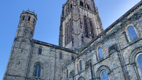 Durham-Cathedral,-Bell-Tower-on-a-bright-sunny-day-with-clear-blue-skies