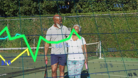 mature man, senior woman walking on tennis court, showing financial line graphs over blue grid