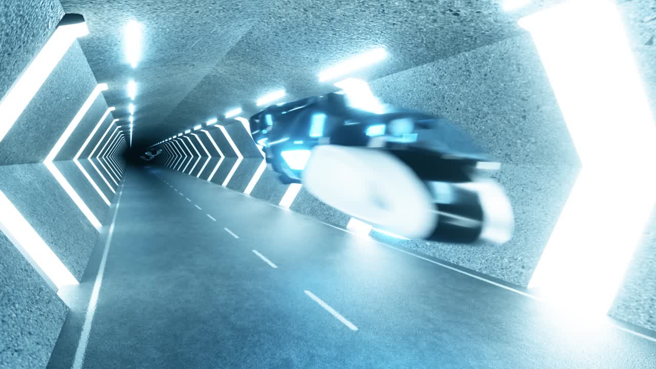 날아다니는 자동차와 함께 미래의 긴 터널, 운전석에 있는 로, 인공지능과 미래의 개념, 원활한 루프 3d 렌더링